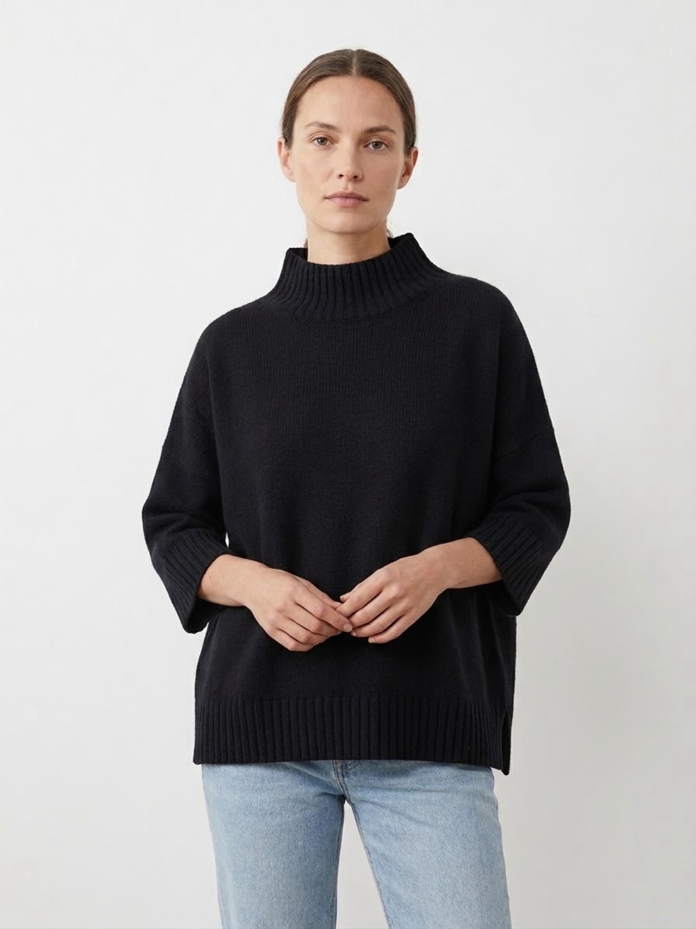 EILEEN FISHER Organic Cotton Cashmere Blend Mock Neck Boxy Knit Sweater Tunic